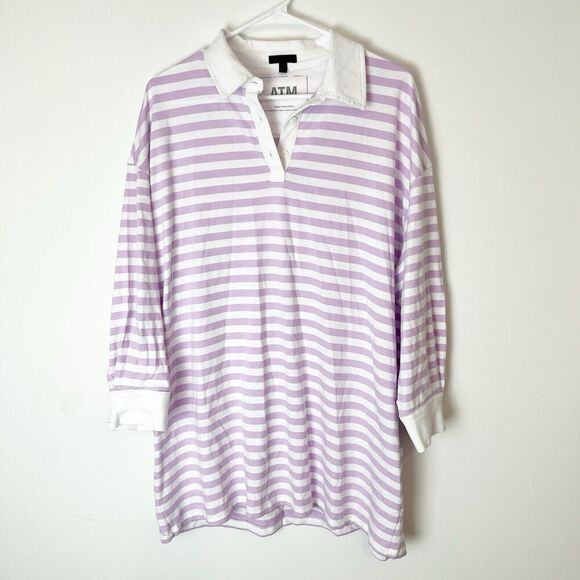 ATM Stripe LS Polo Dress Pink White XL​​ - Picture 2 of 7